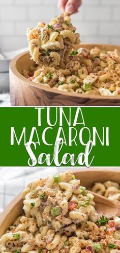 tuna macaroni salad in a wooden bowl with text overlay that reads tuna macaroni salad