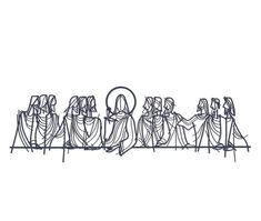 a drawing of the last supper of jesus on a long table with four people in it