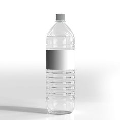 a bottle of water on a white surface with a black spot in the top half