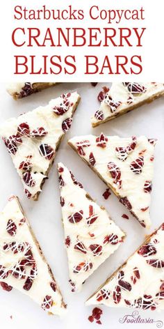 starbuck's copycat cranberry bliss bars on a white background with text overlay