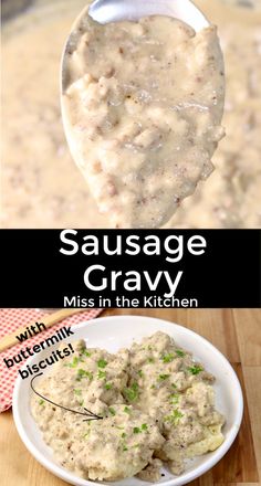 sausage gravy in a white bowl on a wooden table with text overlay