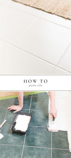 a person is painting the floor with white paint on it and there are two pictures above that show how to paint tile