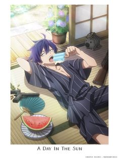 an anime character laying on the ground holding a cup in his hand and eating watermelon