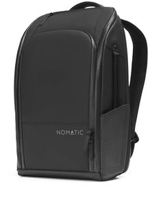 a black backpack with the word nomatic on it's front and side pockets