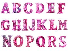 the letters are made up of pink crystals and have different font styles to describe them