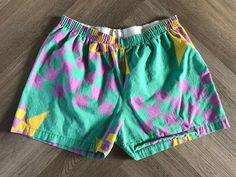 Tag size XL  Best for 30/32/34" stretches to 36" Made in the USA Retro Stretch Bottoms With Built-in Shorts, Retro Stretch Cotton Shorts, Colorful Shorts, 80s Pastel, Outfit References, Pastel Abstract, Outfits Mit Shorts, Capsule Wardrobe, Short Outfits