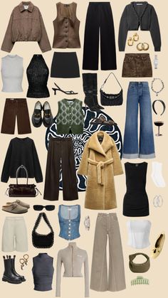 an assortment of clothes and accessories arranged in the shape of a collage