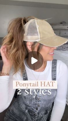 Ponytail With Hat Hairstyles, Ball Cap Ponytail, Ponytail For Hats, Hair In Baseball Cap Style, Hat Ponytail Hack, Baseball Hat Ponytail Hairstyles, Hat And Clip Hair, Hair Styles For Ball Caps, Hair Dos With Hats