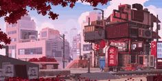 an animated city with lots of buildings and red flowers in the foreground, on a sunny day