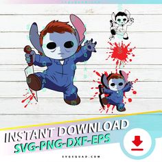 an image of a cartoon character with paint splattered on the background and text that reads instant download svg - png - dxf - eps