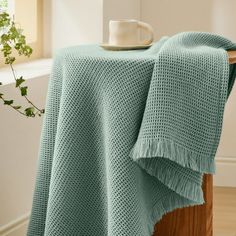 a teal blanket draped over a wooden chair next to a plant in a white vase