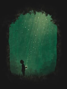 the silhouette of a person standing in front of a green background with stars on it