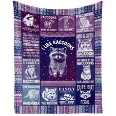 a purple and blue tapestry with raccoons on it