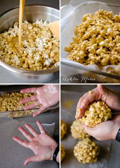 four pictures showing how to make homemade granola balls with hands and ingredients being mixed together