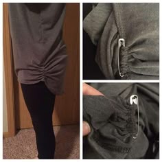 the bottom half of a woman's grey top with black leggings and an open zipper