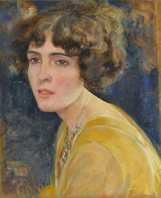 an oil painting of a woman with brown hair wearing a yellow dress and necklace, looking off to the side