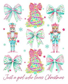 christmas decorations with bows and nutcrackers on the front, in pastel colors