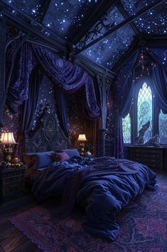 a large bed sitting under a window next to a night sky filled with stars on the ceiling