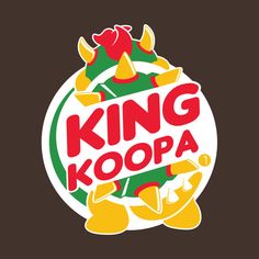 the logo for king koopa is shown in red and green, with an image of