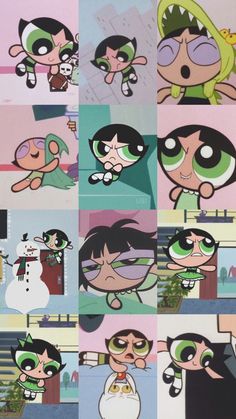 cartoon characters with green eyes and black hair are depicted in an image that appears to be collaged together