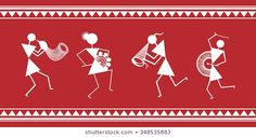 an image of people dancing in the style of native art on a red and white background