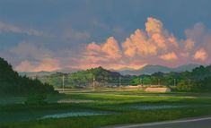 a painting of a landscape with mountains in the background