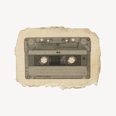 an old - fashioned cassette tape recorder is shown on a piece of paper with torn edges