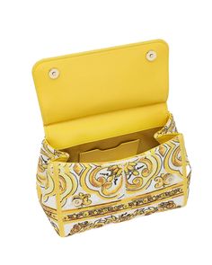 Dolce & Gabbana Medium Sicily Top Handle Bag in Yellow Majolica Magnetic flap closure Top carry handle Adjustable shoulder strap Interior wall pocket Fabric outer and upper 10”W x 9”H x 4”D 20” strap drop Made in Italy Large Leather Handbags, Embroidered Shoulder Bag, Medium Handbag, Yellow Handbag, Medium Handbags, Gold Handbags, Bag Measurements, Brand Tags, Handle Bag