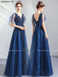 Royal Blue V-neck Evening Dress For Wedding, Blue V-neck Evening Dress With Sweep Train, Blue A-line V-neck Evening Dress, Blue A-line V-neck Dress For Evening, Blue Embellished A-line Evening Dress, Blue Fitted V-neck Dress For Wedding, Elegant Blue V-neck Wedding Dress, Blue Embellished V-neck Evening Dress, Modest Prom Dresses