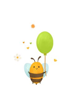 a drawing of a bee holding a green balloon