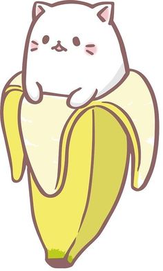 a white cat sitting on top of a banana