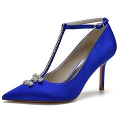 Shop Royal Blue Rhinestone T Strap Heel Pointed Toe Stiletto Heel Pumps Wedding Shoes color Royal Blue for Anniversary, Formal Event, Going out with worldwide Free shipping & Free return. Blue Rhinestone Wedding Shoes, Blue Wedding Shoes With Rhinestones, Blue Rhinestone Wedding Shoes For Formal Occasions, Blue Rhinestone Wedding Heels, Elegant Blue Embellished Wedding Shoes, Elegant Blue Wedding Shoes With Crystals, Wedding Toes, Colorful Wedding Shoes, T Strap Heels