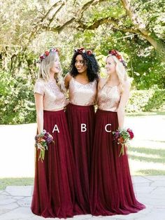 three women in long dresses with flowers on their head and the words abc's above them