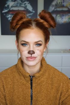 Bear Makeup Halloween Cute, Bear Halloween Costume Makeup, Halloween Animal Face Makeup, Simple Bear Makeup, Hair To Look Like Bear Ears, Teddy Bear Costume Makeup, Bear Costume Womens Diy, Cute Bear Face Paint, Cute Bear Makeup Halloween