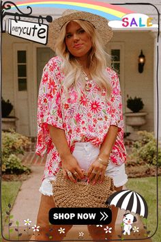 Pink Floral Ruffled Half Sleeve V-neck Plus Size Blouse Blouse Plus Size, Plus Size Blouse, Clothing Plus Size, Color Pick, V Neck Blouse, Plus Size Blouses, How To Feel Beautiful, Half Sleeve, Plus Size Tops