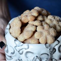 a person holding a white bowl filled with sugared doughnuts in their hands