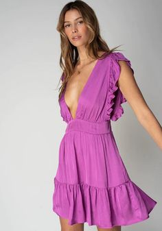 This mini piece is designed with a plunging neckline, a ruffle sleeve, and a side... Wrap Sandals, Plunging Neckline, Tie Back, Open Back, One Shoulder Dress, Orchids, Wrap Dress, Dress Up, Angeles