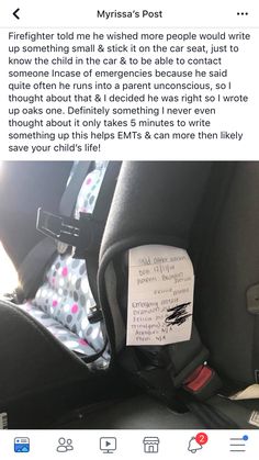 the back seat of a car with a note attached to it