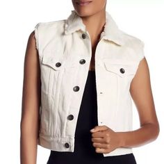 Nwt Off White Denim Vest With Faux Fur Interior. Jacket Had Frayed Armholes And Destroyed Denim Chic Cotton Outerwear With Frayed Hem, Spring Denim Jacket With Frayed Hem For Work, Spring Workwear Denim Jacket With Frayed Hem, Fall Workwear Denim Vest, Fitted Winter Outerwear With Frayed Hem, Fitted Cotton Outerwear With Frayed Hem, Cowl Neck Vest, White Denim Vest, Real Fur Vest