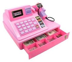 a pink toy cash register with money in it's drawer and a phone on top