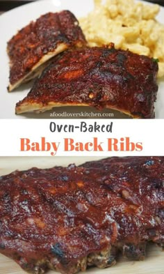 baby back ribs and macaroni on a plate with the words oven - baked baby back ribs