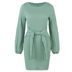 Blueish-green Tie Waist Knit Long Sleeve Dress Green Mini Sweater Dress For Winter, Casual Green Knee-length Sweater Dress, Green Knit Dresses For Winter, Casual Green Ribbed Sweater Dress, Green Ribbed Mini Dress For Winter, Green Knit Mini Sweater Dress, Green Knitted Sweater Dress For Fall, Casual Green Knitted Dress, Green Ribbed Mini Dress For Fall