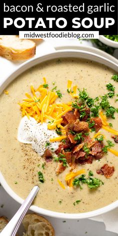 bacon and roasted garlic potato soup in a white bowl