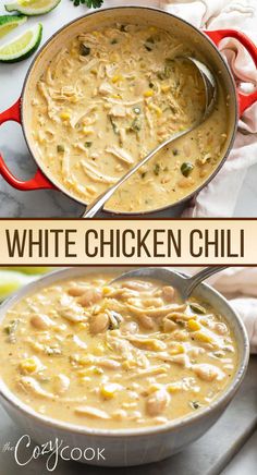 white chicken chili with shredded chicken, corn, and other vegetables in a creamy broth Soup Making, White Chicken Chili Slow Cooker, White Chicken Chili Recipe, Resep Smoothie, White Chili Chicken Recipe, Resep Salad, Chicken Chili Recipe, White Chicken Chili, White Chicken