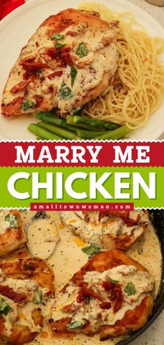 the cover of marry me chicken with pasta and green beans on it's side