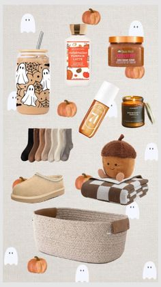 a collage of halloween items including shoes, candles and pumpkins