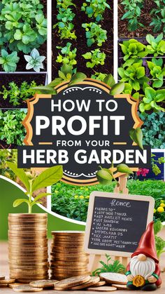 a sign that says how to propt from your herb garden on top of stacks of coins