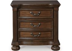 a wooden nightstand with three drawers and two pulls on the bottom drawer, in dark brown wood