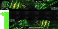 the monster energy wallpapers are green and black with yellow stripes on them, as well as an image of a skull