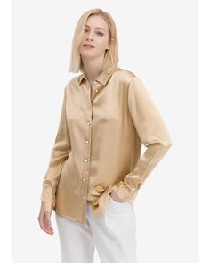 Classic Pearl Button Womens 100 Pure Silk Blouse Elegant Silk Button-up Top, Elegant Silk Shirt For Work, Elegant Silk Shirt For Workwear, Elegant Silk Button-up Shirt, Elegant Workwear Blouse With Pearl Buttons, Elegant Silk Blouse In Solid Color, Elegant Silk Tops For Office Wear, Elegant Silk Tops With Button Closure, Elegant Gold Shirt With Button Closure